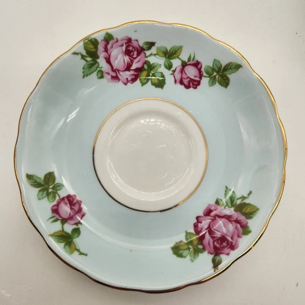 Colclough Bone China Teacup and Saucer Set Pink Roses Light Blue Made in England